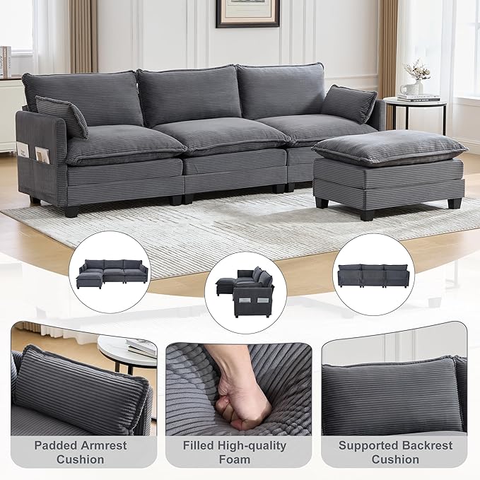 103" Oversized Modular Sectional Sofa Couch with Reversible Ottoman, Free Combination Convertible Corner Couch,Corduroy Upholstered Cloud Sectional Couch with Side Pockets | Multiple Cushions, DIY Combination, Removable Cover