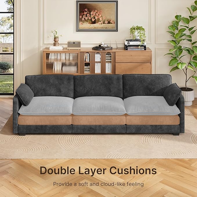 Gizoon 3 Seater Couches for Living Room, Cloud Sleeper Sofa with Double Cushion Corduroy Deep Seat Sofa Couches with 2 Pillows for Living Room Bedroom and Apartment,Pet-Friendly Fabric, Grey