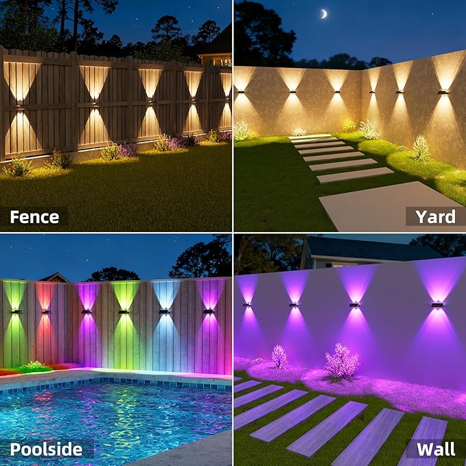NIORSUN Solar Fence Lights Outdoor, 6 Pack Up and Down Waterproof Solar Wall Lights, Warm & Cool White + RGB, Fence Lights with Lens, Dusk to Dawn Lighting for Patio, Backyard, Pool, Railing (Black)