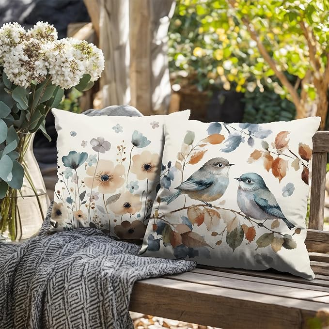 Fall Flower Bird Chinoiserie Pillow Covers 24x24 Set of 2 Burnt Orange and Blue Flowers Leaves Decorative Throw Pillows Covers Autumn Outdoor Cushion Cases for Home Couch Sofa