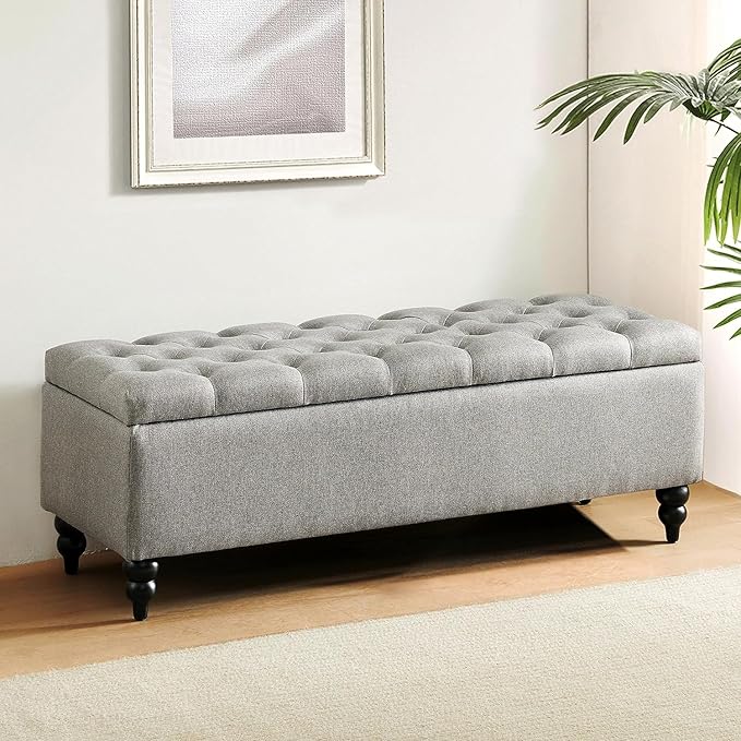 Storage Ottoman Bench 50.2 Inches, Upholstered End of Bed Ottoman Bench with Storage and Seating, Large Blanket Bench for Foot Rest in Bedroom, Living Room, Entryway (Grey)