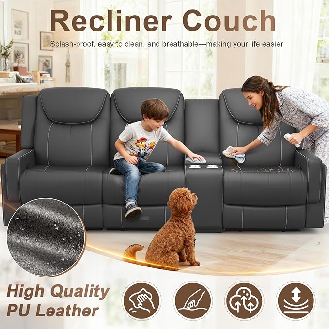 Dresegmt Recliner Sofa, 2 - Way Multi - Function Manual 3 Seater Couch with Cup Holders, Storage & USB Ports, Modern Multifunctional Sofa, Breathable Grey PU Leather Reclining Couch for Living Room