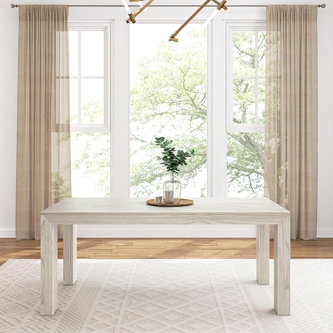 Plank+Beam 72 Inch Modern Solid Wood Dining Table - Solid Pine, Wirebrush Finish, Seats 6, Non-Toxic Finish, Easy Assembly, for Kitchen or Office, White Sand Wirebrush