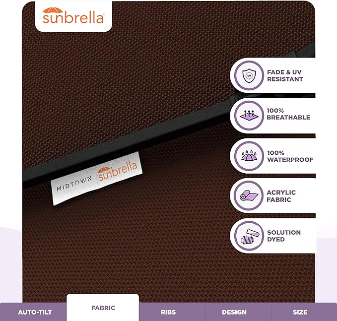 Midtown Umbrellas - The Lean 10 Ft Patio Umbrella with Fade-Resistant Sunbrella Fabric, Auto-Tilt Aluminum Frame and 8 Reinforced Ribs for Deck, Pool & Garden - Bay Brown Canopy, Black Pole