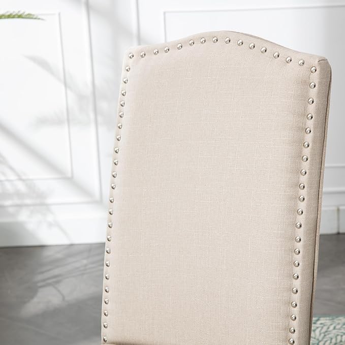 Upholstered Dining Chair Modern Stylish Parsons Kitchen Diner High Back with Silver Nailhead Trim & Wood Legs, Set of 4, Fabric Beige