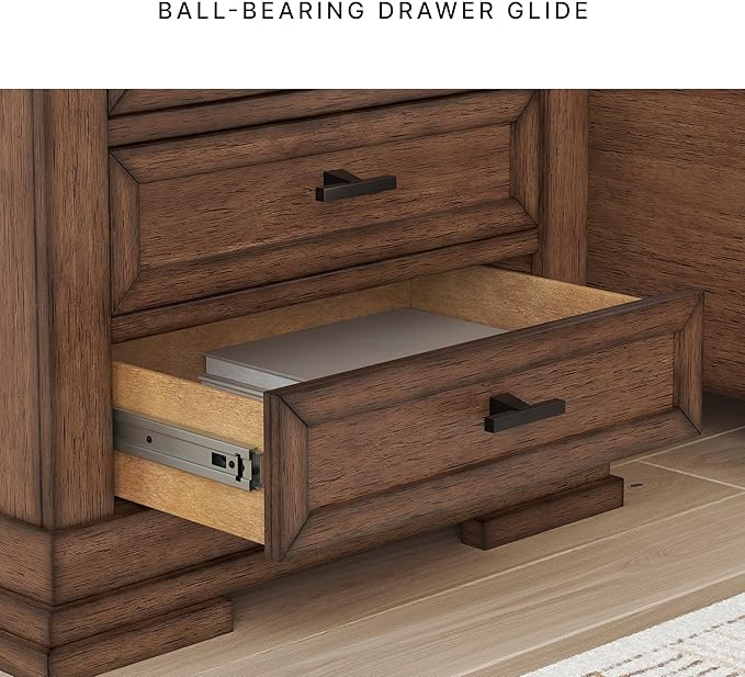 Signature Design by Ashley Taffenbrook Farmhouse 3-Drawer Nightstand with Felt-Lined Top Drawer, Power Supply and USB Ports, 28.5" W x 18.25" D x 26.5" H, Dark Brown
