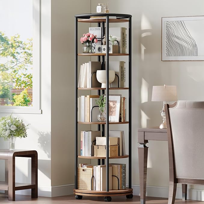 Rotating Bookshelf, 360° Spinning Bookshelf Tower, Display Revolving Bookcase, Round Book Shelf, Narrow Swivel Bookshelves for Small Space, Bedroom, Living Room, 6-Tier Rustic Brown, BC52101B