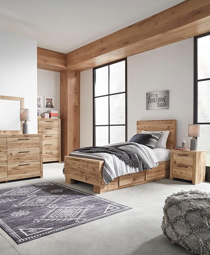 Signature Design by Ashley Hyanna Rustic Contemporary 2 Drawer Nightstand with 2 USB Charging Ports, Wood, 24.37" High, Light Golden Brown Finish
