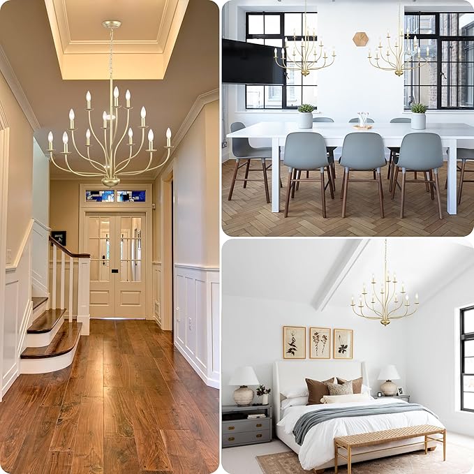 Gold Chandelier 12 Light, Large Painted Gold Light Fixture Modern Suspended Farmhouse Dining Table Candle Brass Chandelier Lighting for Bedroom Hallway Entryway Living Room Kitchen 34in Chandeliers