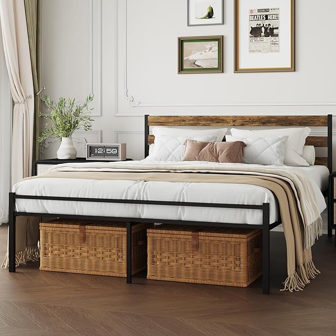 Metal Platform Queen Bed Frame with Headboard, Queen Size Bed Frame 59.8W x 82.7L x 36.2H inches, Wood and Faux Leather, Walnut (Walnut Colour, Queen)