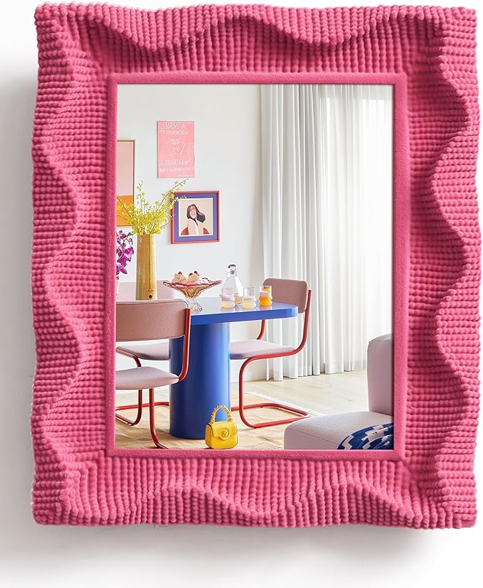 Cute Wall Mirror Decor for Girls Bedroom Dressing Room, 14x12 Wavy Decorative Wall-Mounted Mirror for Hallway Entryway Home Office, Funky Framed Vanity Mirrors As Photo Backdrop (Rose Pink)