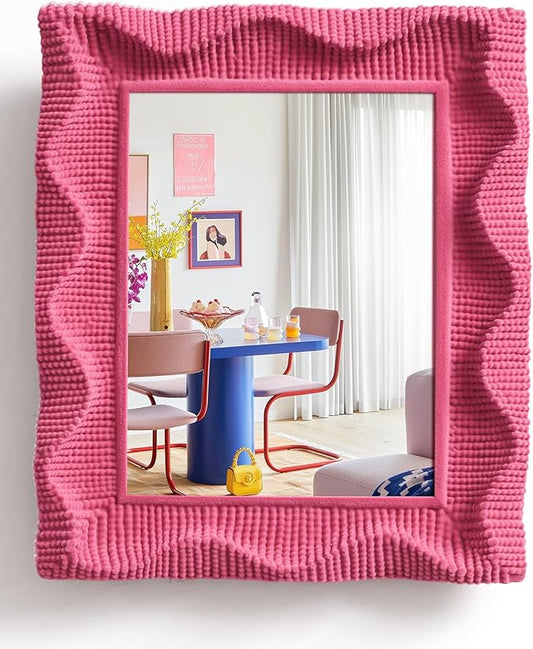 Cute Wall Mirror Decor for Girls Bedroom Dressing Room, 14x12 Wavy Decorative Wall-Mounted Mirror for Hallway Entryway Home Office, Funky Framed Vanity Mirrors As Photo Backdrop (Rose Pink)