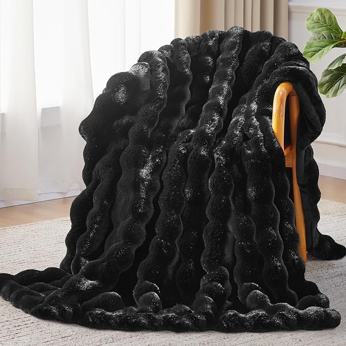 Faux Fur Throw Blanket, 1000GSM Fluffy Soft Bubble Blanket for Couch Bed, Cozy Plush Warm and Thick Blanket, Fuzzy Rabbit Throw for Living Room Bedroom 80''*90'' Black