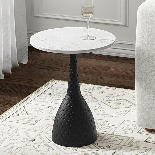 SIMPLIHOME Myles Side Table – 16 inch Wide Powder‑Coated Aluminum and Genuine Marble Top Table in Black/White, Contemporary Industrial Accent Table for Living Room or Bedroom