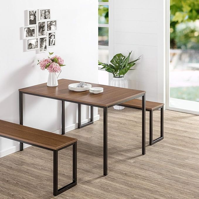Zinus 48 Inch Louis Metal Frame Dining Table with Benches, 3 Piece Dining Set, Easy Assembly, Brown