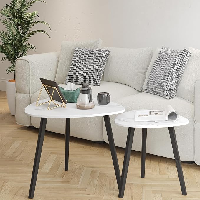 BAMEOS Bamboo Nesting Triangle End Table,Set of 2 Side Table Modern Minimalist Coffee Table for Living Room (Marble White)