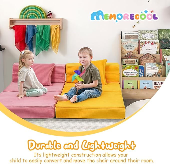 MeMoreCool Folding Sofa for Kids, Corduroy Fold Out Futon Chair, Small Foldable Floor Mattress, Portable Children Couch Sofa, Yellow