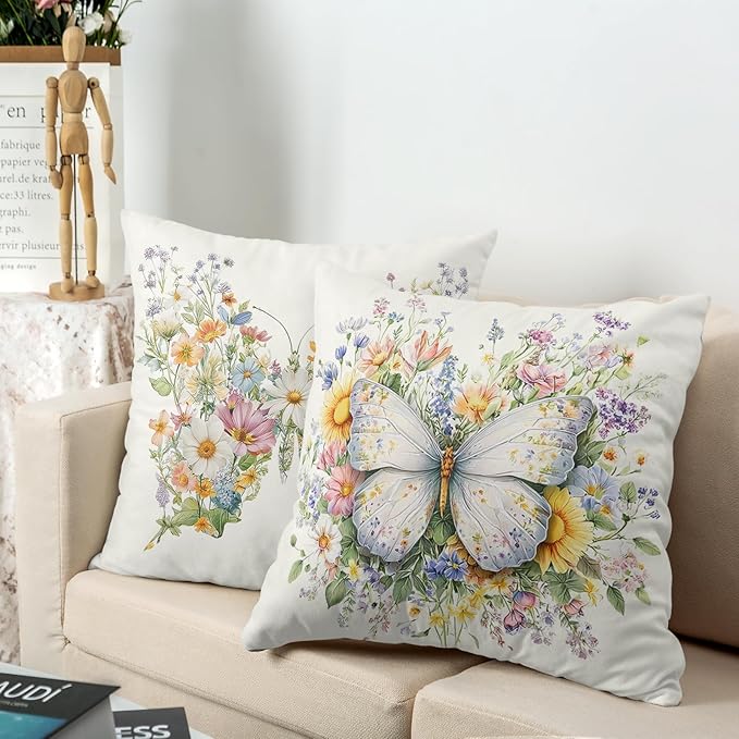 Butterfly Floral Throw Pillow Covers Spring Summer Pillow Covers Colorful Flower Pillow Cases 16x16 Set of 2 Farmhouse Sunflower Decorative Cushion Cases for Home Porch Patio