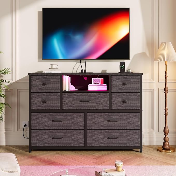 NONGSHIM Dresser with Charging Station and LED Lights, Long Dressers for Bedroom Dresser TV Stand with 9 Drawers, Fabric Chest of Drawers with PU Finish, Wide Dressers Storage Organizer, Grey