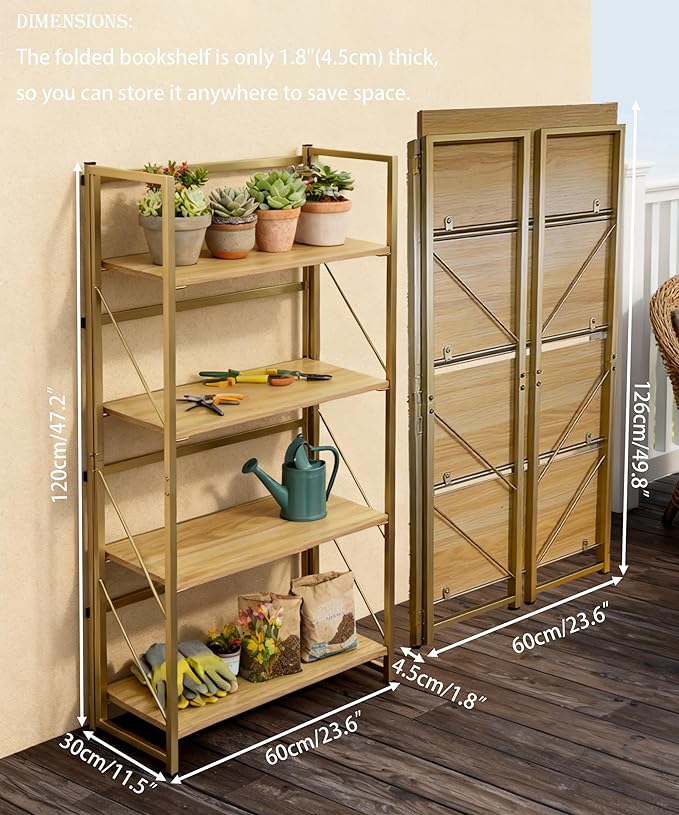 Folding Bookshelf,Multifunctional Foldable Plant Stand Storage Rack Shelves for Home Office, Easy Assembly, 4-Tier,Gold & Nature Wood