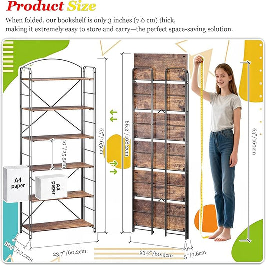 UDD Folding Bookshelf No Assembly, 65"H x 23.7"W, 6 Shelf Foldable Bookcase Industrial Collapsible Bookshelves, Open Storage Book Shelves for Small Spaces Home Office Living Room, Rustic Brown Black
