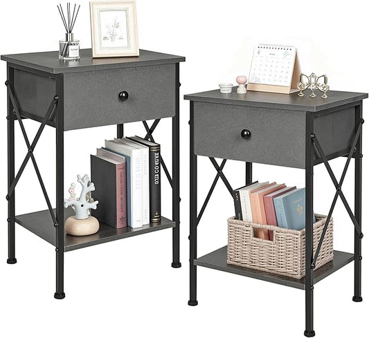 VECELO Nightstand Set of 2, X-Design End Side Table with Fabric Storage Drawer and Open Shelf, Bedside Night Stand with Steel Frame for Bedroom, Living Room,Dorm, Easy Assembly,Hemp Gray
