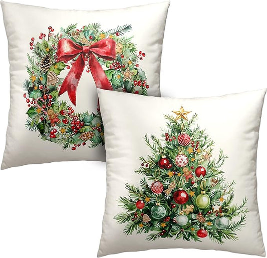 Set of 2 Christmas Tree Pillow Covers Xmas Wreath Throw Pillow Covers Red and Green Decorative Pillow Case 24x24 Winter Holiday Cushion Case for Home Decor Couch Sofa