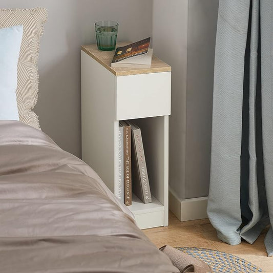 SoBuy Set of 2 Nightstand Narrow Night Stand Modern Design Bedside Furniture Slim End Table Storage Cabinet with Sliding Drawer and Open Compartment, White & Natural FBT111-WNX2