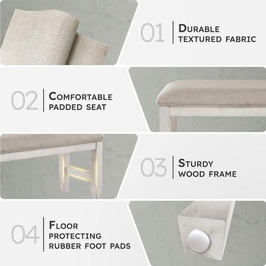 Lexicon Dining Bench with Padded Seat and Wooden Frame, Entryway Bench, Light Gray Textured Fabric Upholstered Dining Seat for Kitchen/Living Room, 19.5" SH, Brushed Antique White