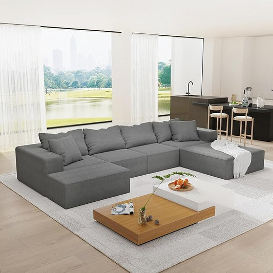 KEIKI Sectional Sofa Couch Set, Modular 132" L Shaped Couch Set with 6 Pillows, Free Combination Upholstered Sofa Couch for Living Room, Bedroom, Grey
