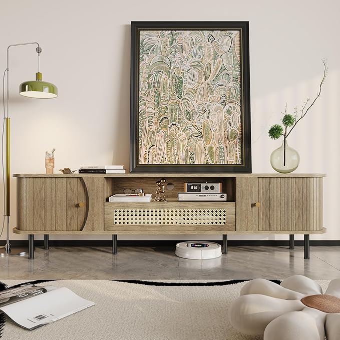 basenji 71" Fluted TV Stand with Sliding Doors & Rattan,Mid Century Modern Entertainment Center with Storage,Curved Edge Design,Media Console for TVs up to 85",TV Consoles for Living Room,Oak