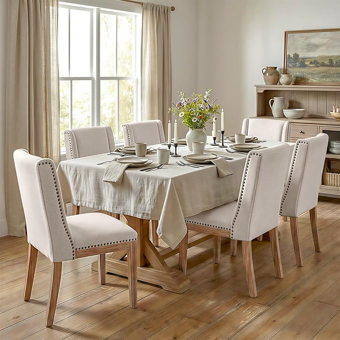 Dining Chair Set of 6, Upholstered Fabric Kitchen Side Chairs with Solid Wood Legs, Comfortable Seating for Kitchen, Dining Room & Restaurant, Camel
