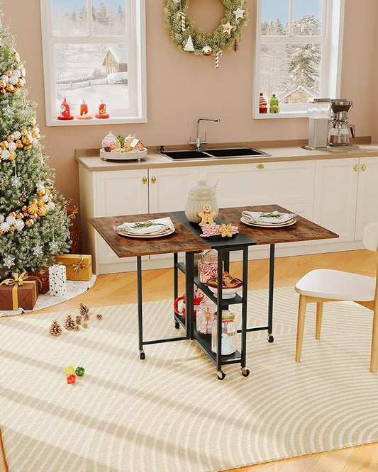 Folding Dining Table, Movable Dining Table, Expandable Kitchen Table, Versatile Table with 6 Wheels and 2-Tier Shelf, for Dining, Living Room, Apartment, Rustic Brown TCZ01BF