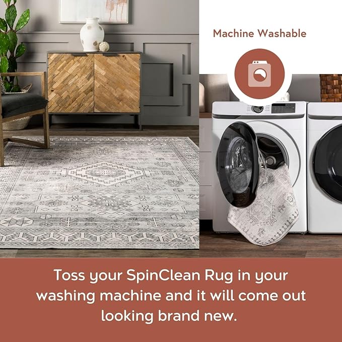 Nuloom SpinClean Bowie Rust/Ivory, 8' Round, Vintage Oriental, Soft and Cozy, High Traffic, Stain Resistant, Easy Clean, Durable Washable Area Rug for Bedroom, Living Room, Dining, Entryway