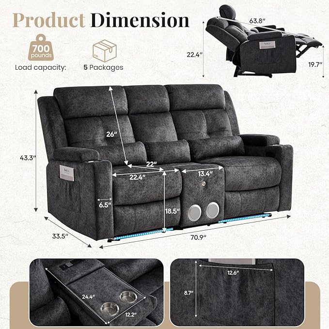 RV Power Loveseat Recliner Sofa with Console|RV Reclining Loveseat with Bluetooth Speaker & LED Light | RV Wall Hugger Double Recliner Loveseat Sofa 3 Pillows (Velvet Gray) | LED Light, Double Seat, Hidden Storage, Comfy Velvet