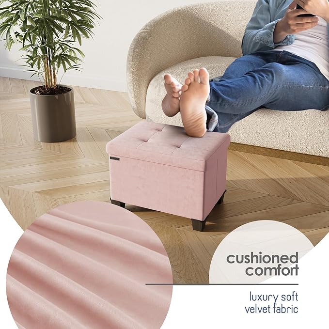 Storage Ottoman Cube with Small Bin, 16-in Square Ottoman with Storage for Living Room and Bedroom, Small Ottomans Foot Rest, Velvet Foot Stools Ottomans Max 330lbs, Pink