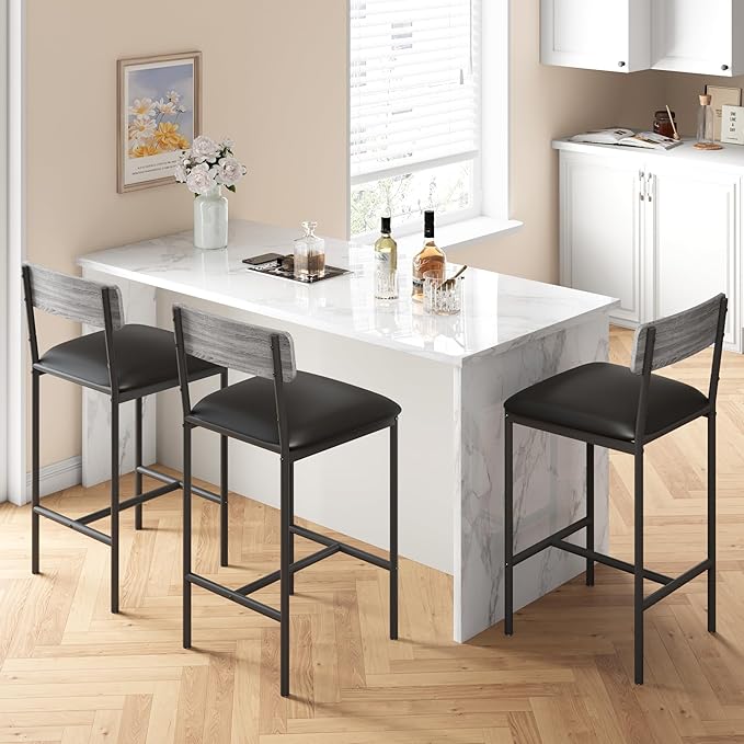 Amyove Bar Stools Set of 2, Upholstered Bar Chairs with Back, 25.5 Inches Kitchen Bar Stools with Footrest, Thick Cushion, Counter Height Barstools for Island, Counter Bar, Easy Assembly, Rustic Grey