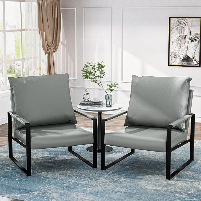 AWQM Modern PU Leather Accent Chair Arm Chair with Extra-Thick Padded Backrest and Seat Cushion Sofa Chairs for Living Room Bedroom, 105 Degree Slant Back, Non-Slip Adsorption Feet-Grey（Set of 1）