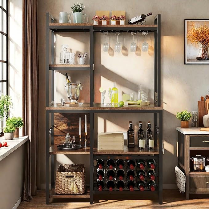 DWVO Large Bakers Rack with Power Outlets and Wine Rack, 35.5 inch 5-Tier Microwave Stand, Coffee Bar with Glasses Holder, Kitchen Storage Shelf with 6 Hooks, for Living Room, Office, Rustic Brown