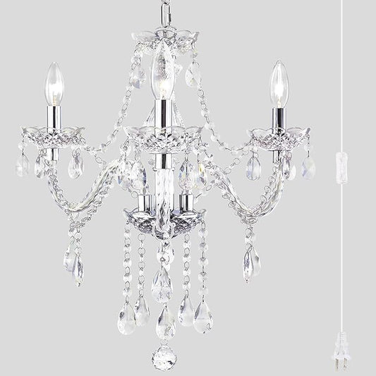 Plug-in 3 Light Crystal Hanging Pendant Lights Acrylic Chandelier with Clear Cord & On/Off Switch H19 D19 for Kitchen Island Girls' Room Dining Area Laundry Pavilion.