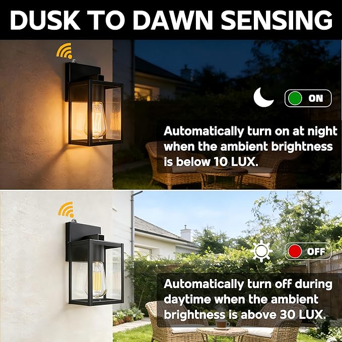 9 Inch Outdoor Wall Light Dusk to Dawn,2 Pack Outdoor Lanterns for Porch,Small Outdoor Sconce Lights with Sensor,Photocell Wall Lantern for Porch Patio Garage Outdoor Lighting