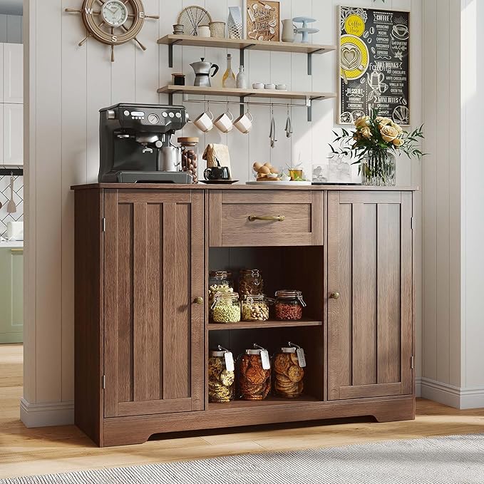 Gizoon Kitchen Sideboard Buffet Cabinet with Storage Coffee Bar Cabinet with Drawer, Kitchen Pantry Storage with Door and Shelves for Bathroom and Living Room, Dark Brown