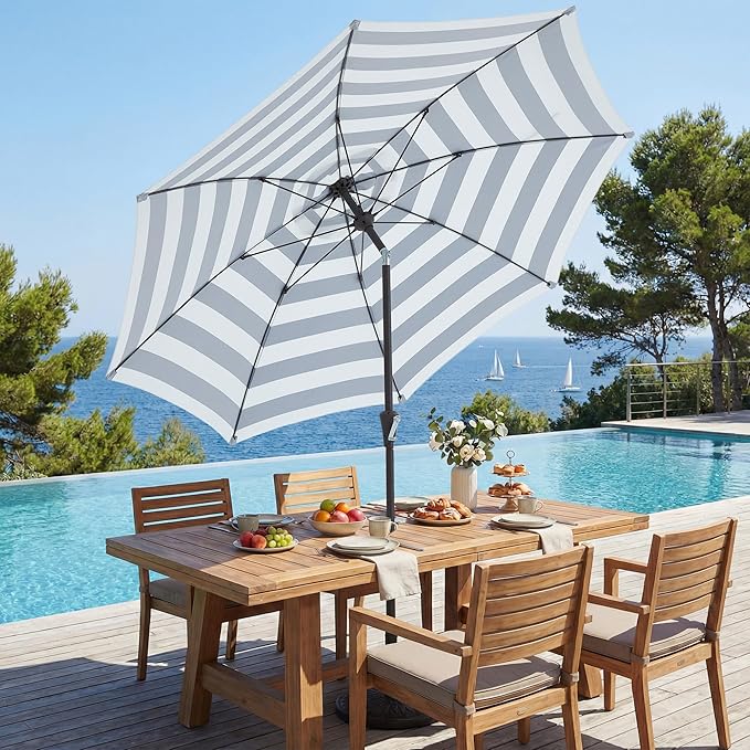JEAREY 9FT Outdoor Patio Umbrella,Market Table Umbrella with 8 Fiberglass Ribs, Pool Umbrella with Tilt and Crank, UV Protection Lightweight & Wind-Resistant for Lawn, Garden, Deck and Backyard, Black-White Stripe