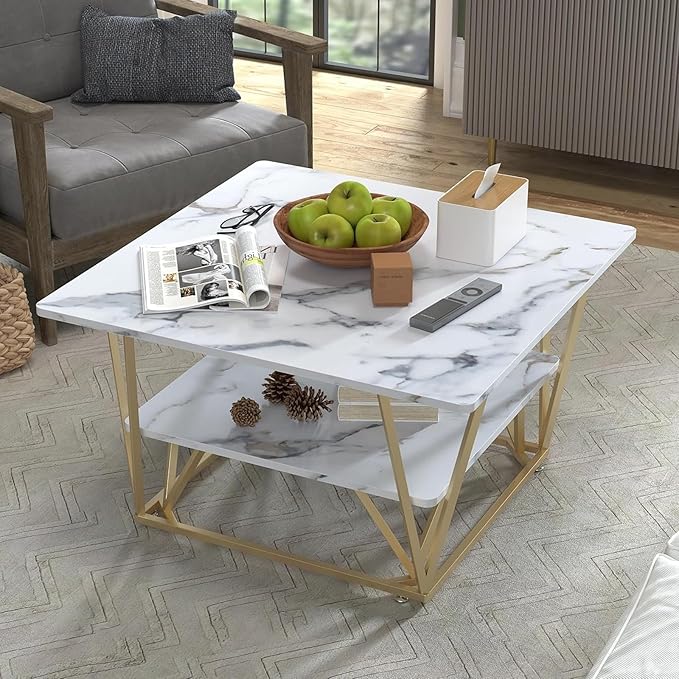 Elephance Square Coffee Table for Living Room, 31.5 Inch Modern Coffee Table with Storage, 2-Tier White and Gold, Wooden Tabletop-Marble White with Gold Frame
