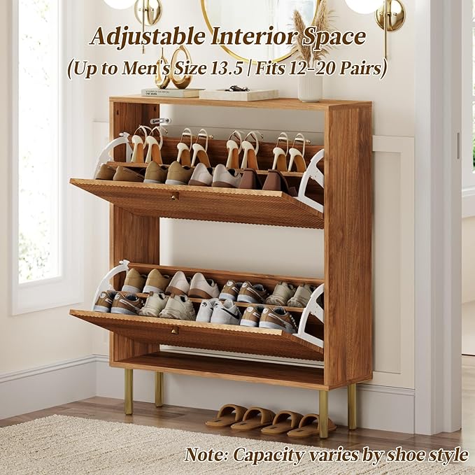 Nicetree Shoe Storage Cabinet for Entryway - 2 Flip Drawers Shoe Cabinet with Tiered Fluted Design - Slim Shoe Storage Rack with Gold Legs - Narrow Shoe Cabinet Hidden Shoe Organizer for Small Spaces
