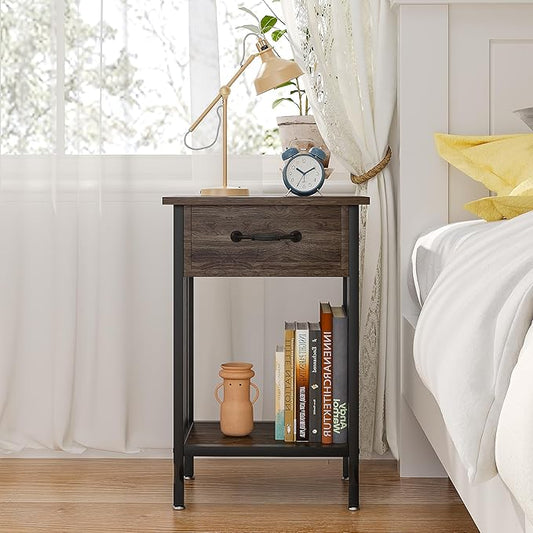 VECELO Night Stand Set 2 with Drawer and Storage Shelf,15.7x11.8x23.6 inches Bedside Table End Table,Wood Nightstands for Bedroom, Living Room,Sofa,Gray,2 Sets