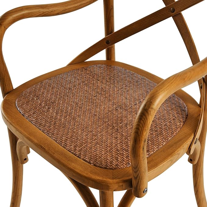 ModwayEEI-1538-WALGear Modern Farmhouse Cross Back Solid Elm Wood Dining Armchair With Rattan SeatFour Dining Chair SetWalnut