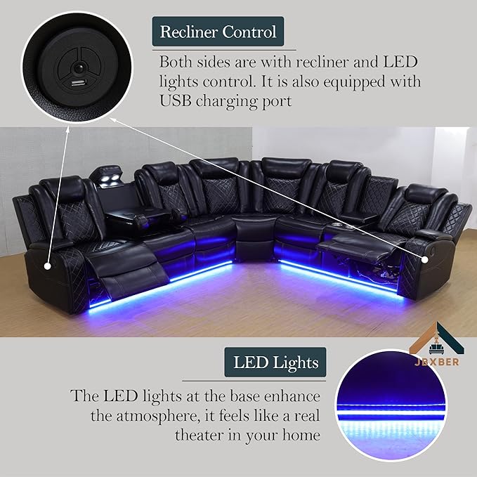 Power Recliner Sectional Sofa Set for Living Room, Leather Recliner Sofa Sets, L-Shaped Corner Sectional Couch Sets with LED Lights, Console Storage(Sectional and Chair,Black)