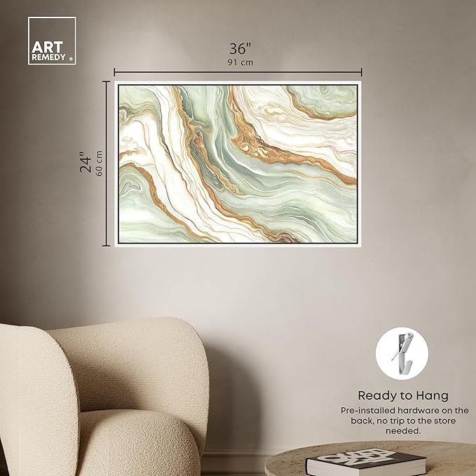 Art Remedy Green And Gold Framed Mineral, Agate & Geode 1 Piece Canvas Wall Art, 37" x 25", White Frame