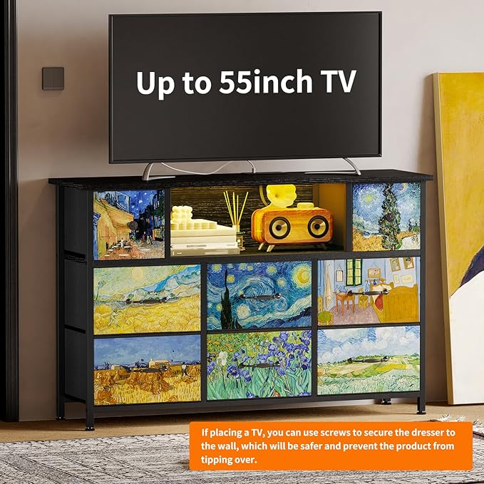 Fixwal Dresser for Kid Bedroom with Power Outlets and LED Lights, Van Gogh Black Dresser 55" TV Stand with 8 Drawers, Fabric Chest of Drawers for Closet Nursery Art Furniture